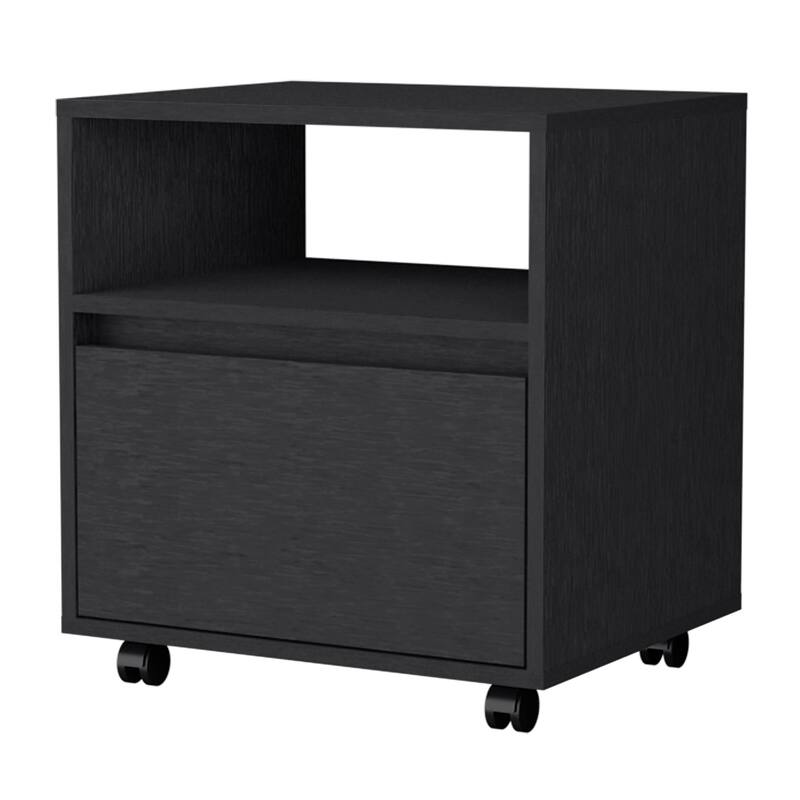 Compact and Stylish Black Nightstand with Durable Construction and Four Caster Wheels