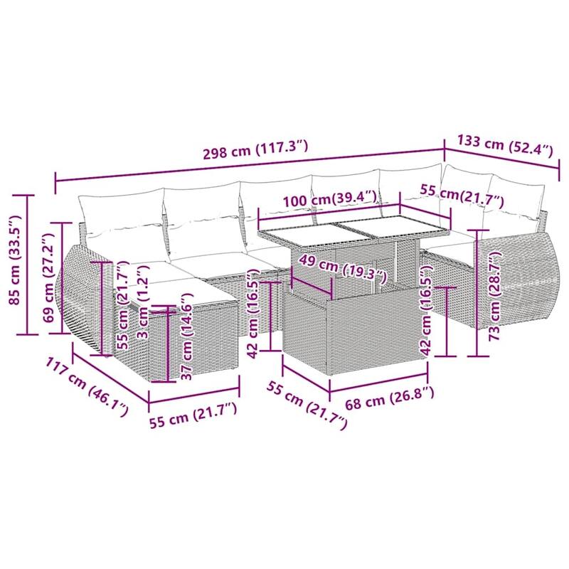 vidaXL Patio Sofa Set with Cushions Outdoor Furniture 8 Piece Poly Rattan - 21.7 x 39.4 x 28.7