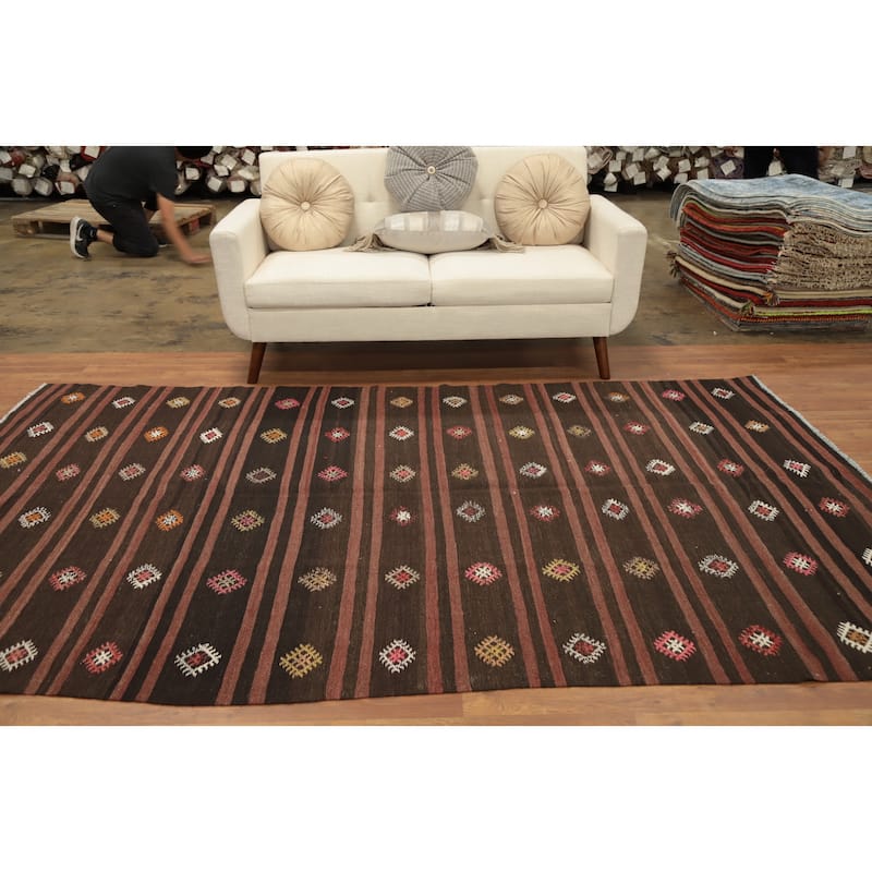 Hand Woven Oriental 100% Wool Carpet Southwestern Tribal Brown Kilim Area Rug - 9' 7'' X 5' 8''