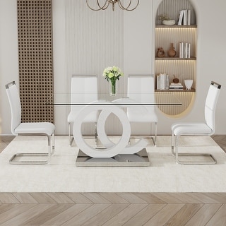 63" Rectangular Tempered Glass Dining Table with White MDF OC Shaped ...