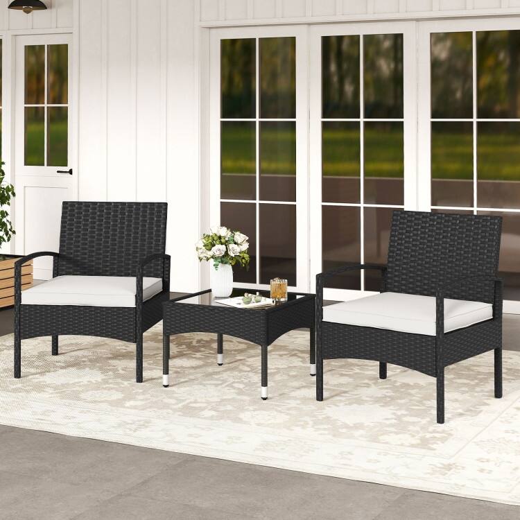 3 Piece Black PE Rattan Patio Set with Beige Cushions Table and 2 Chairs - 20” x 20” x 15”