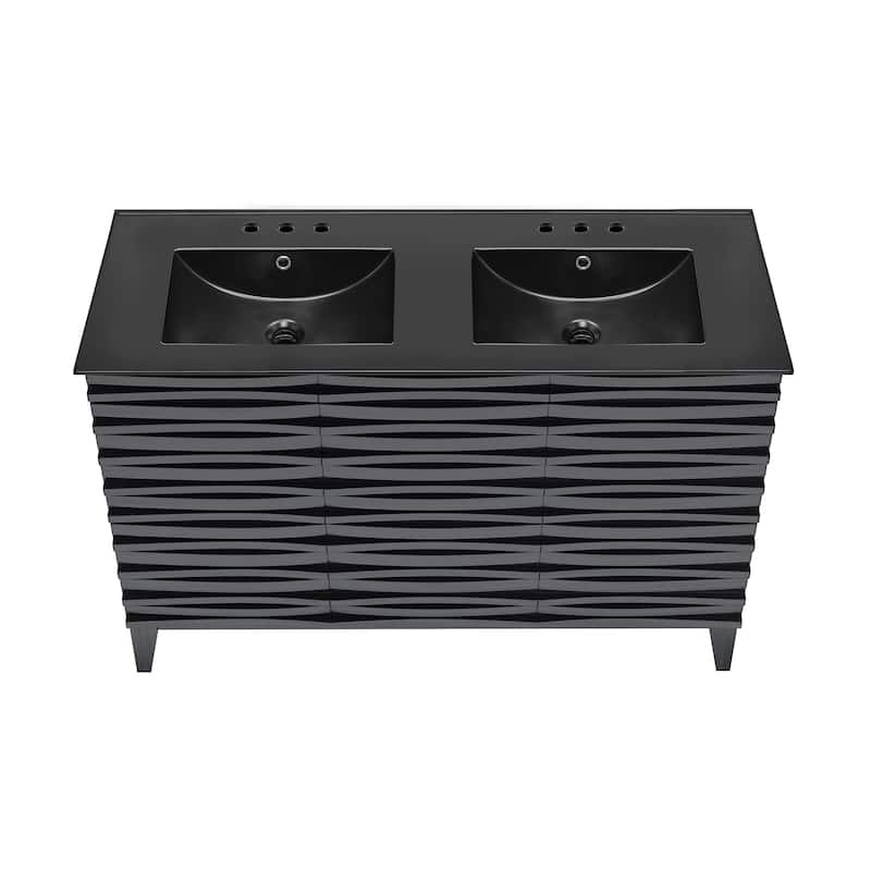 Cascade 48 In. Black Oak, Double Basin Bathroom Vanity With Black, 3-Hole Ceramic Sink Top