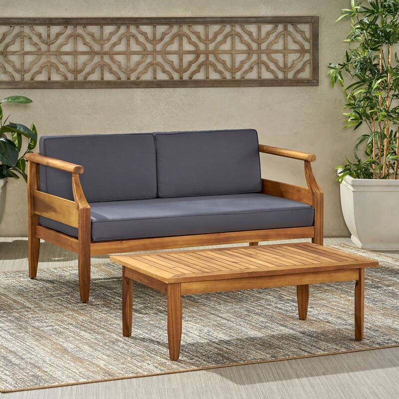 Roomfitters 2-Piece Outdoor Patio Set with Loveseat and Coffee Table, Acacia Wood Frame and Cushions, Dark Grey
