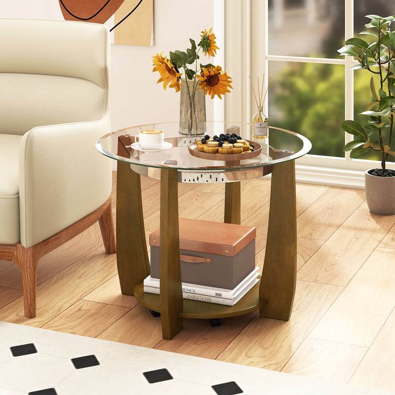 Costway 32” 2-Tier Glass Coffee Table with Tempered Glass Top Bottom - See Details