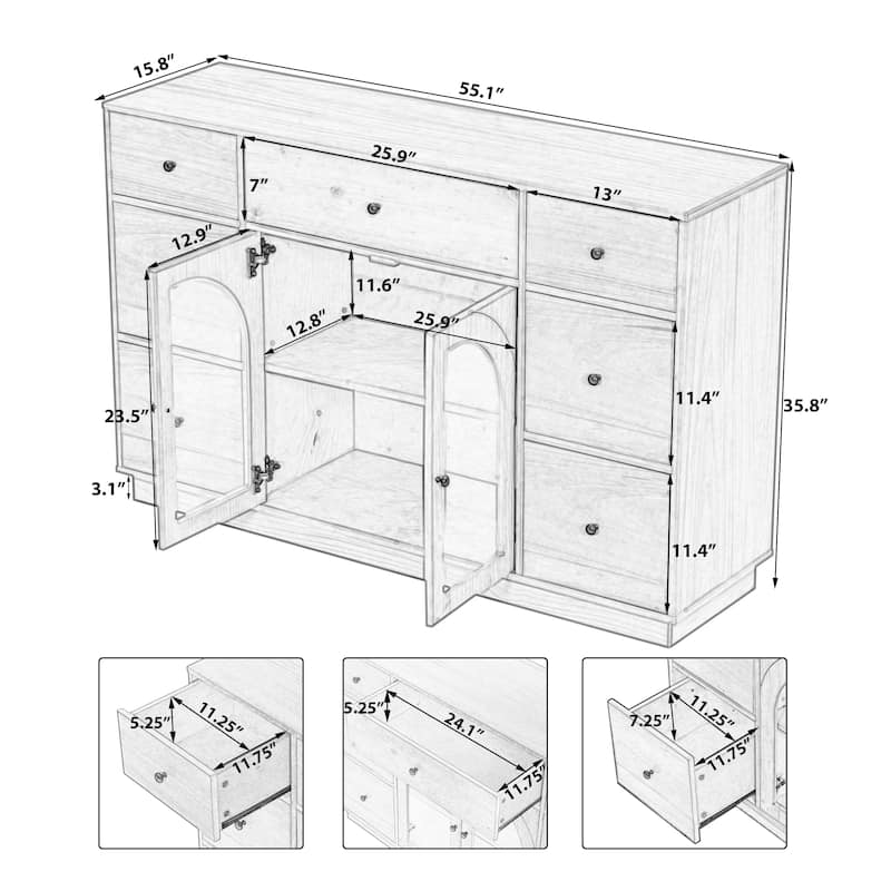 55.1" Large Storage Cabinet with 2 Doors and 7 Drawers for Living and Dining Room Organization