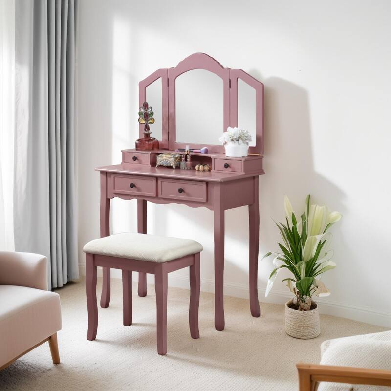 Wooden Vanity Table and Upholstered Stool Set, with 3-Panel Mirror and Ample Storage Drawers
