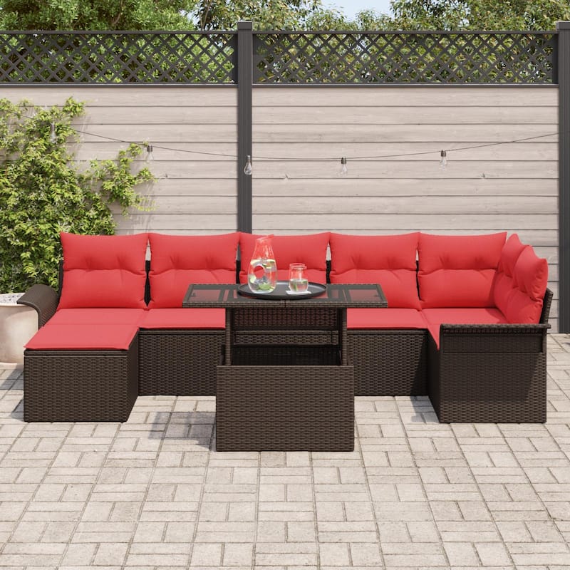 vidaXL 8 Garden Sofa Set with Cushions Black/Brown/Grey Poly Rattan - 117.1 x 52.2 x 27.2