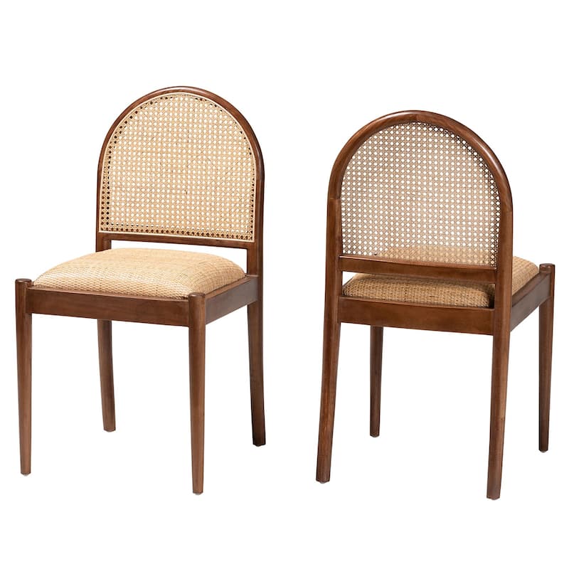 Maryland Modern Bohemian Natural Rattan and Acacia Wood 2-Piece Dining Chair Set - Set of 2