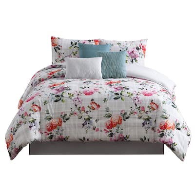 7 Piece King Comforter Set with Watercolor Floral Print, Multicolor