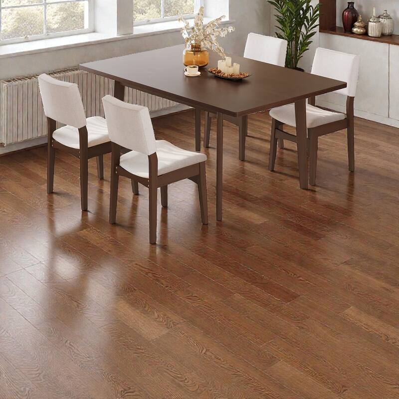 5-Piece Modern Dining Set with Solid Wood Table and Upholstered Linen Chairs, Space-Saving Stackable Design