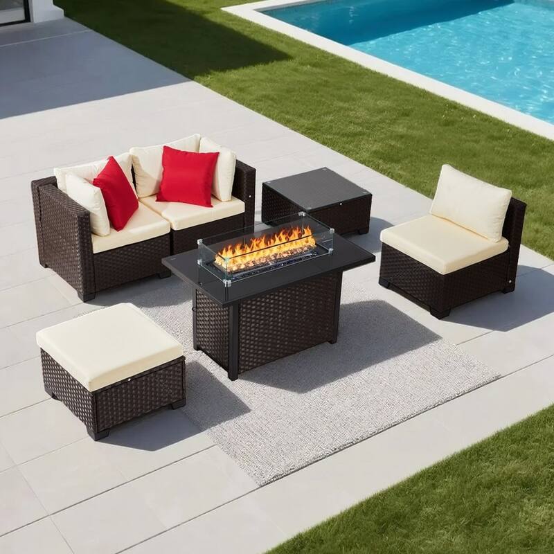 Beige-Mix Brown PE Rattan 6-Piece Patio Furniture Set with 44-Inch Fire Pit Table and Cushioned Steel Frame Sofas