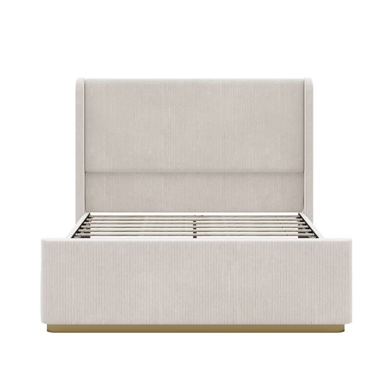 Vertical Stripe Wingback Bed Corduroy Upholstered Bed Frame with High Headboard, Low Profile Platform Bed Light Grey Frame Bed
