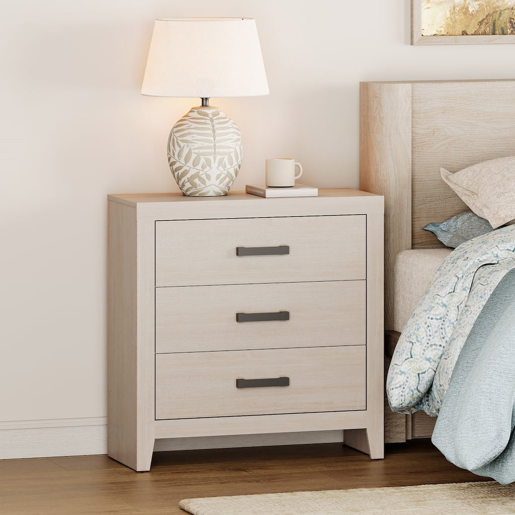 WAMPAT Farmhouse Nightstand with 3 Drawers, Large Wood Bedside Table