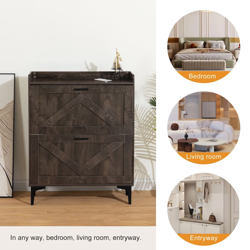 Shoe Cabinet with 2 Flip Drawers& Open Shelves,Modern Entryway Shoe Storage - Brown