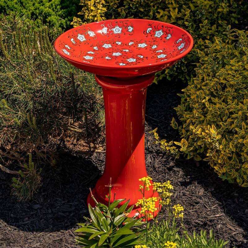 24 Inch Tall Porcelain Pedestal birdbath - 16"x16"x24" - Red