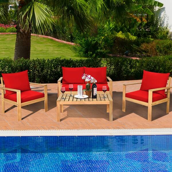 slide 1 of 7, Gymax 4PCS Patio Acacia Wood Conversation Furniture Set w/ Red Red