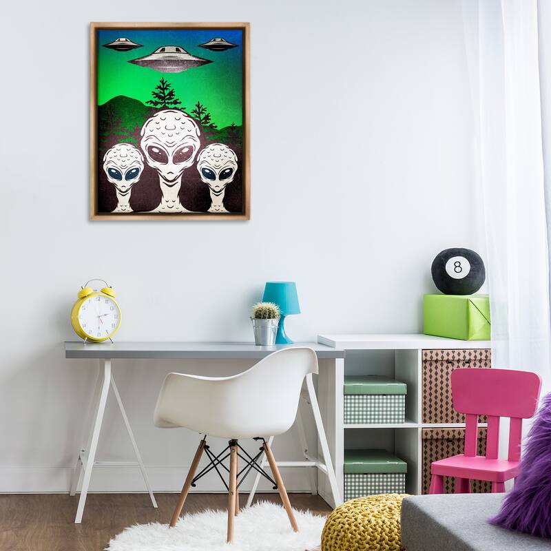 Stupell Vintage Aliens & UFO Framed Floater Canvas Wall Art Design By Kim Allen