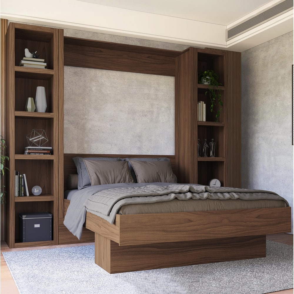 Easy-Lift Queen Murphy Wall Bed in with Two Bookshelves