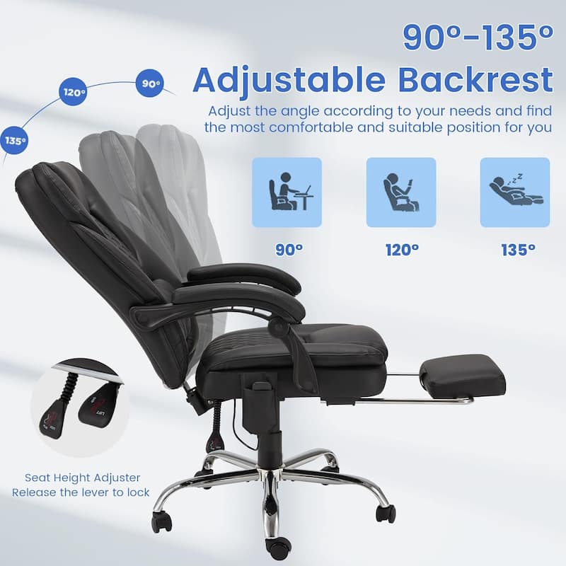 Ergonomic 6-Point Massage Office Chair with Heating, Reclining Function, Retractable Footrest, and Adjustable Armrests