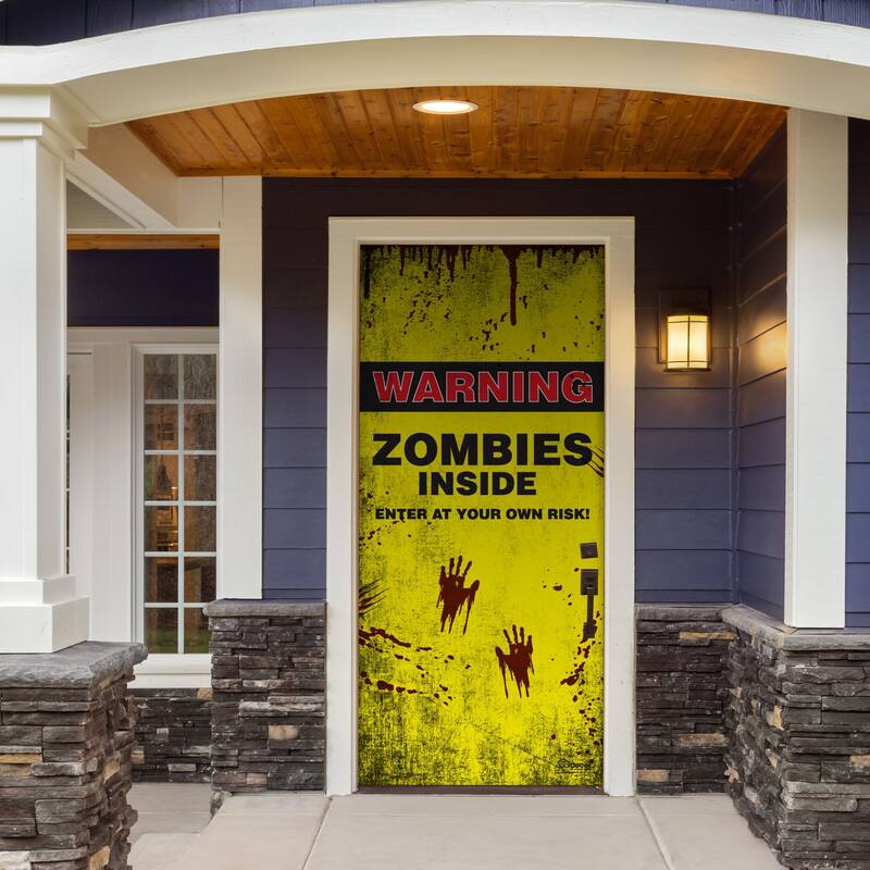 36" x 80" Yellow and Black "ZOMBIES INSIDE" Halloween Front Door Banner Mural Sign Decoration