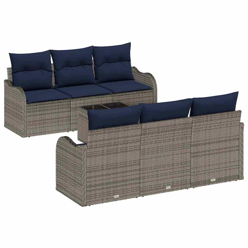 vidaXL 7 Garden Sofa Set with Cushions Black/Brown/Grey Poly Rattan - 69.3 x 24.4 x 27.2