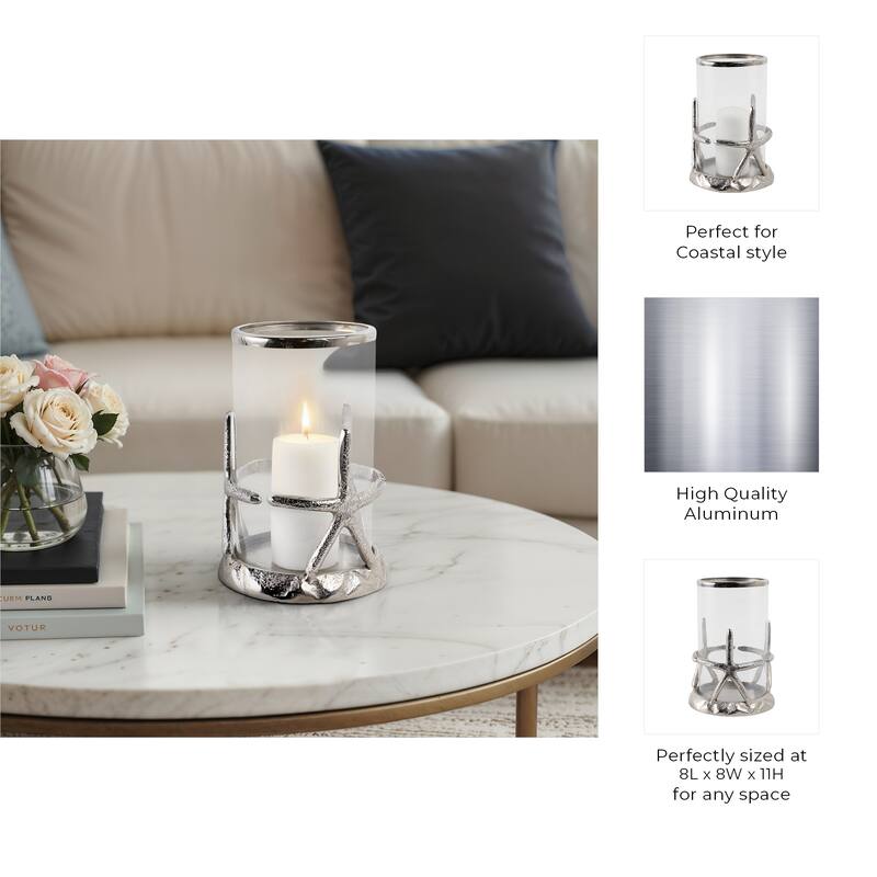 Aluminum Glass Pillar Candle Holder Starfish Design - 11" Silver - 7.5" x 7.5" x 11"