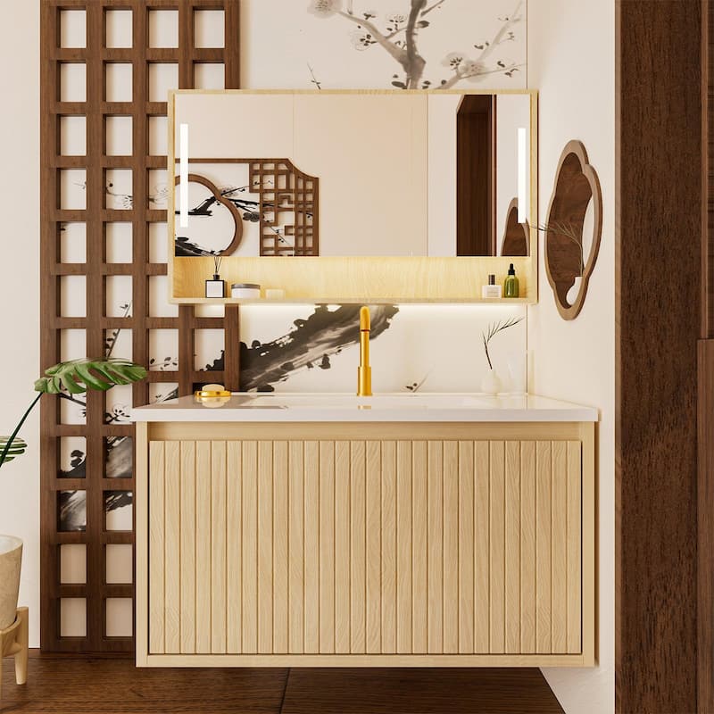 GDFStudio - Aero Modern Mid-Century Wall-Mounted Bathroom Vanity with Large Soft Close Drawer & Storage Spaces, WITHOUT Sink