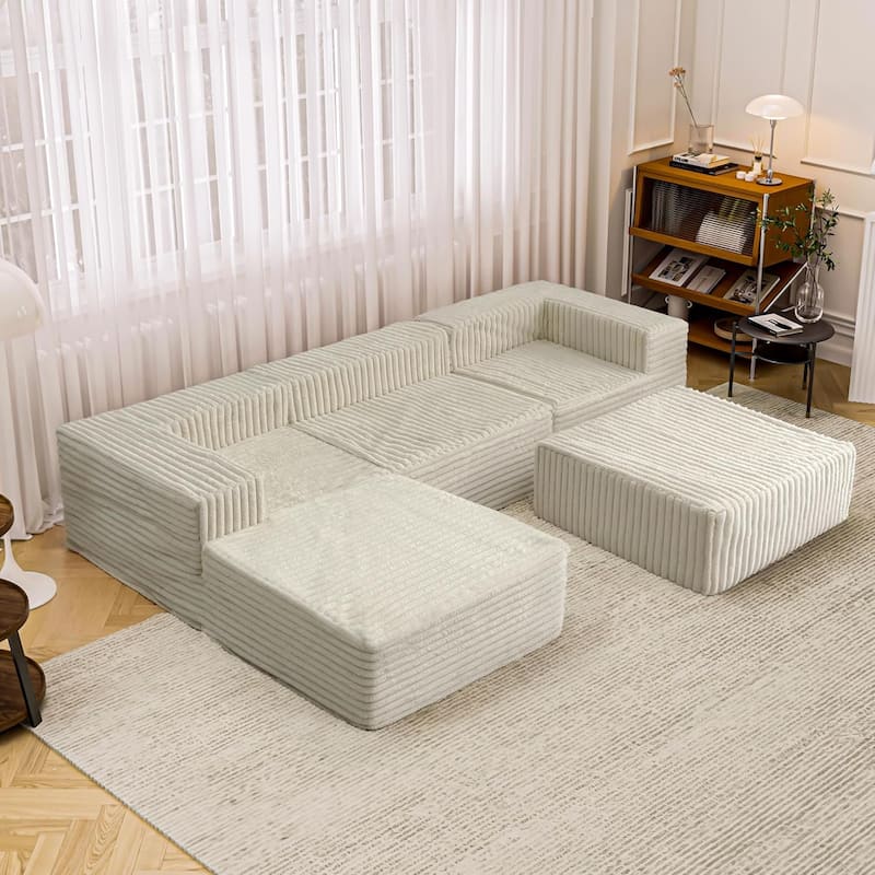 WOWMAX Oversized Sectional Boneless Couch For Living Room, 106 Inch Sleeper Modular Cloud Foam Couch, Plush Corduroy Cover - Sofa-Beige
