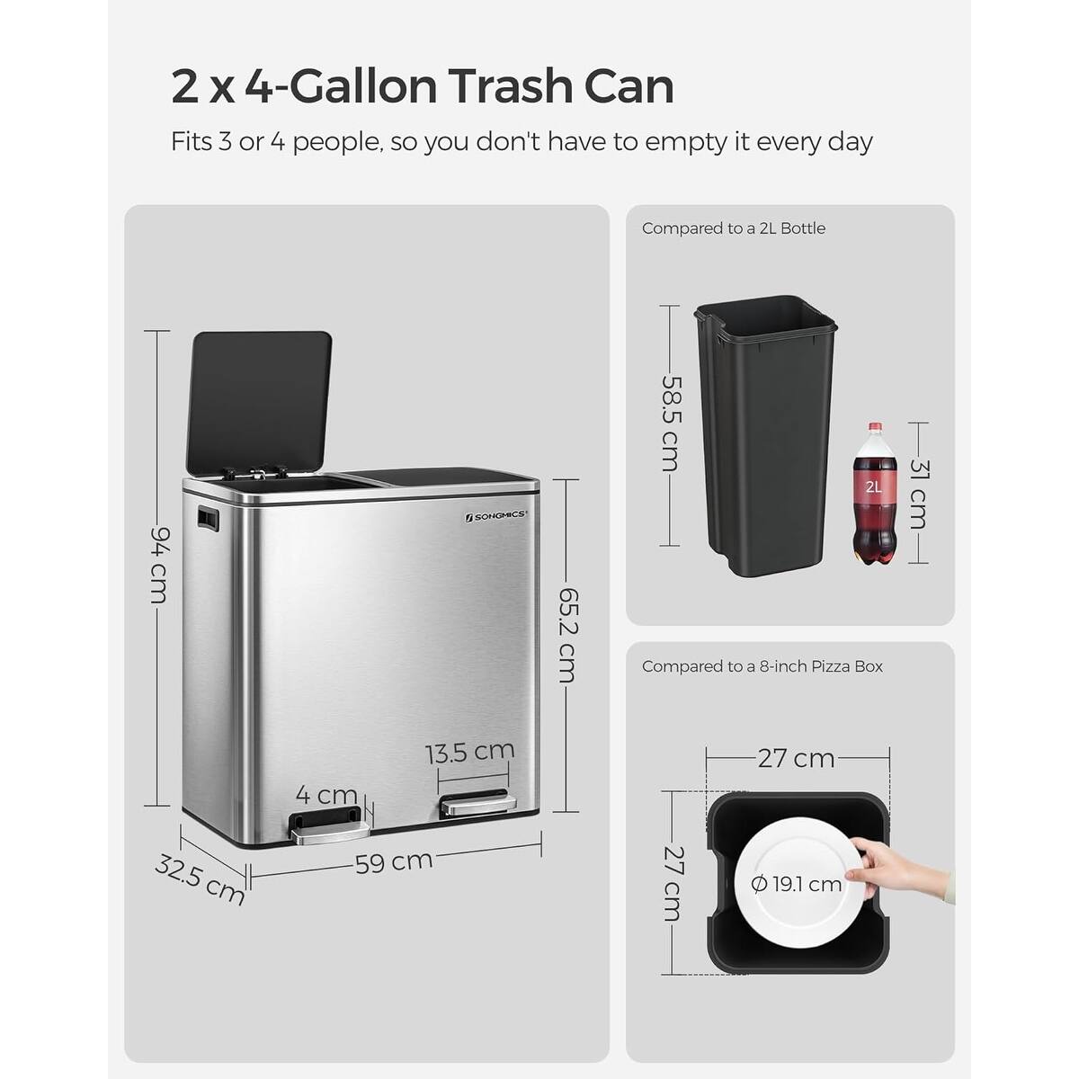 SONGMICS Dual Trash Garbage Can, 2x 8 Gal Rubbish Bin, Stainless Steel ...