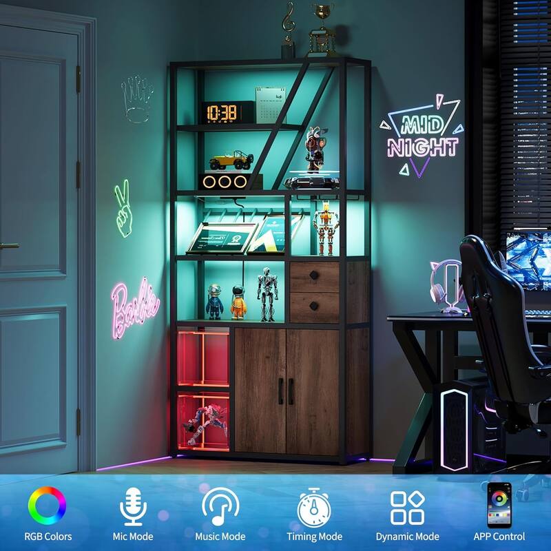 Farmhouse Bar Cabinet with Wine Rack,Bakers Rack with Power Outlet and LED Light