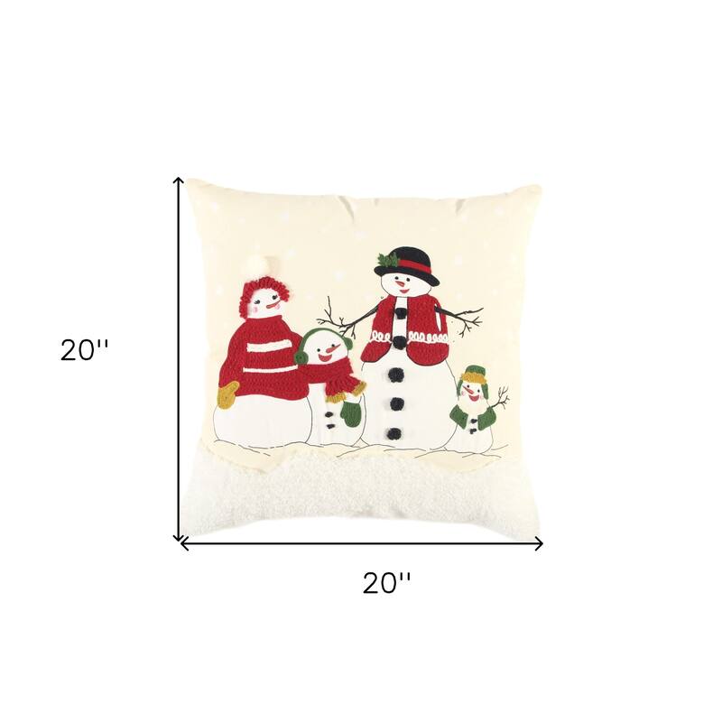 HomeRoots 20" Red and Ivory Christmas Cotton Pillow With Applique, Embroidery, Pom Poms Edges