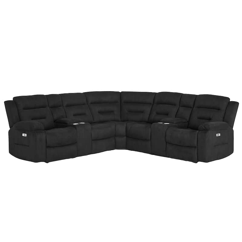 7PCS, 2 Power Recliners, Fabric Reclining Sectional with Power Headrest & Lumber - Black