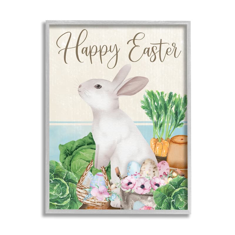 Stupell Happy Easter Bunny Rabbit Greens Eggs Basket Framed Wall Art - Green - 24 x 30 - Grey