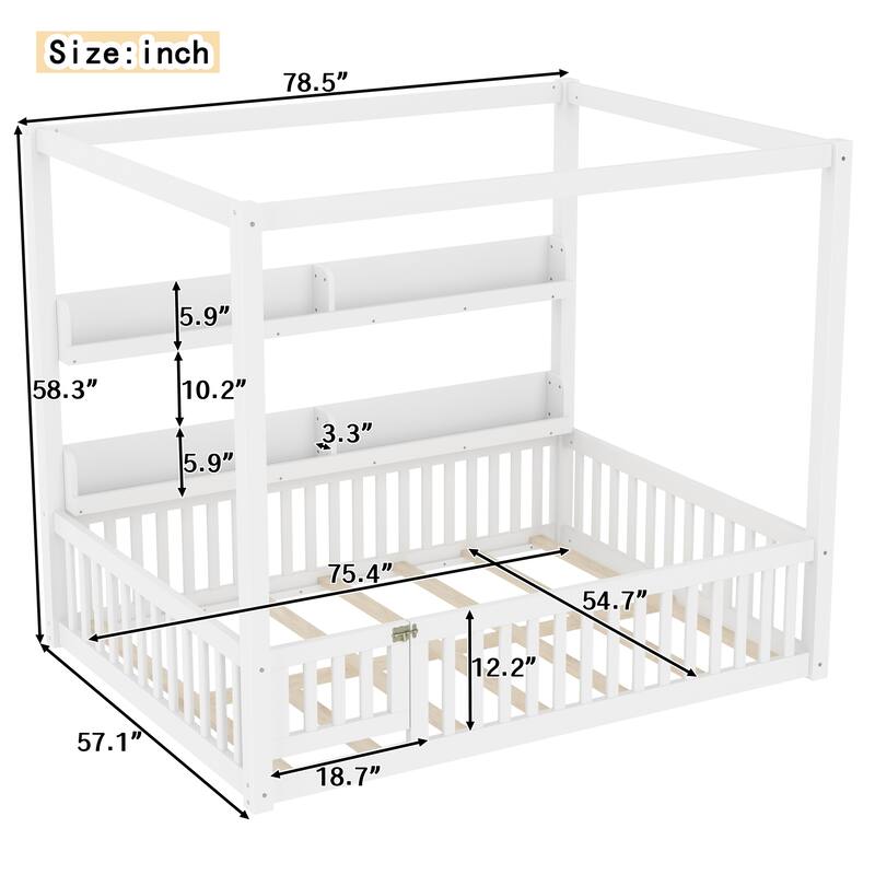 Twin/Full Size Montessori Floor Bed with Canopy and Guardrails, Solid Wood Kids Bed Frame with Shelves, No Box Spring Needed