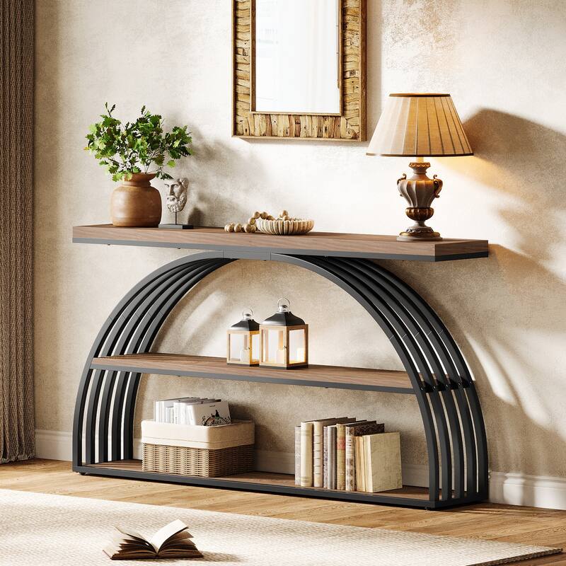 63 Inch Console Table for Entryway, 3 Tier Narrow Sofa Table with Arched Frame - 62.99" L x 11.81" W x 34.25" H