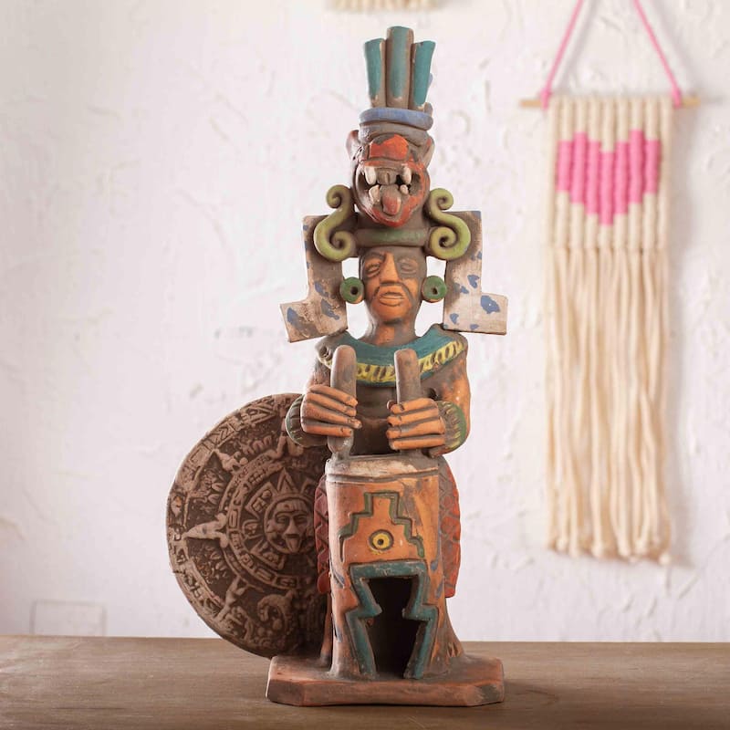 Novica Handmade Aztec Drummer Ceramic Sculpture