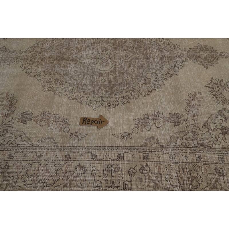 Distressed Tabriz Persian Area Rug Hand-Knotted Green Wool Carpet - 6'5" x 9'0"