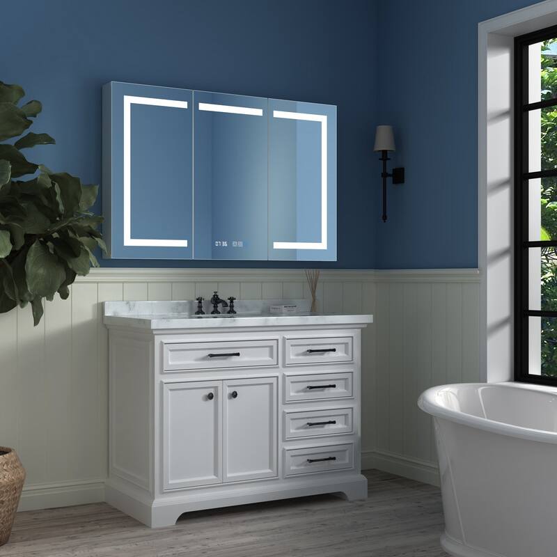 Aluminum Surface/Recessed Mount LED Medicine Cabinet with Mirror, Outlet and Shelves - 48"-Double - Glass Finish - Sliver