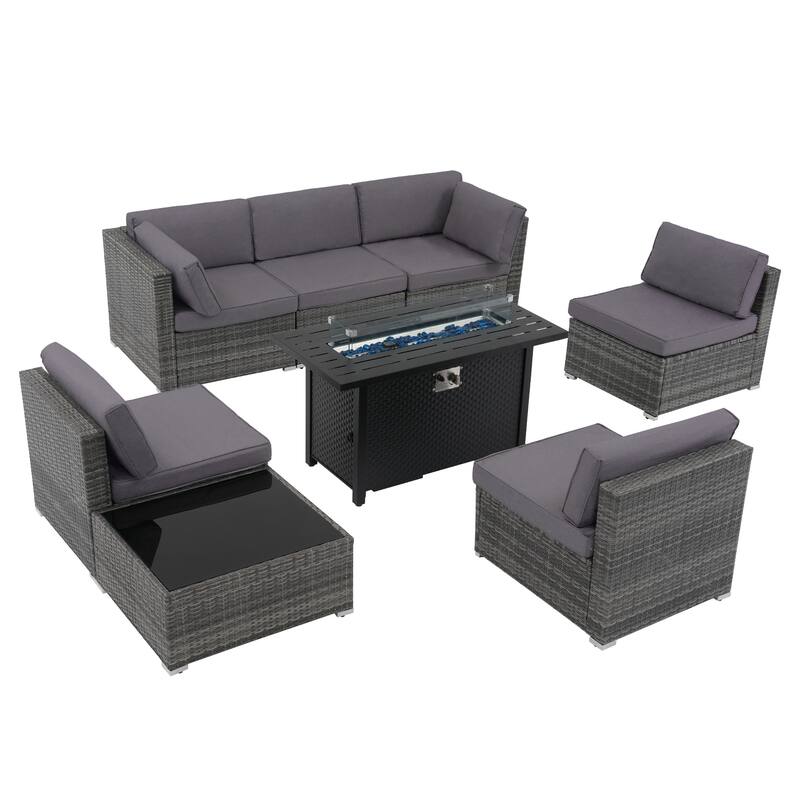 Outdoor Wicker Sectional Sofa 8-Piece Set with Fire Pit Table