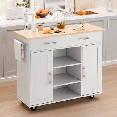 Rolling Kitchen Island with Storage Cabinet & Drawers - Rubber Wood Top for Dining & Kitchen Storage