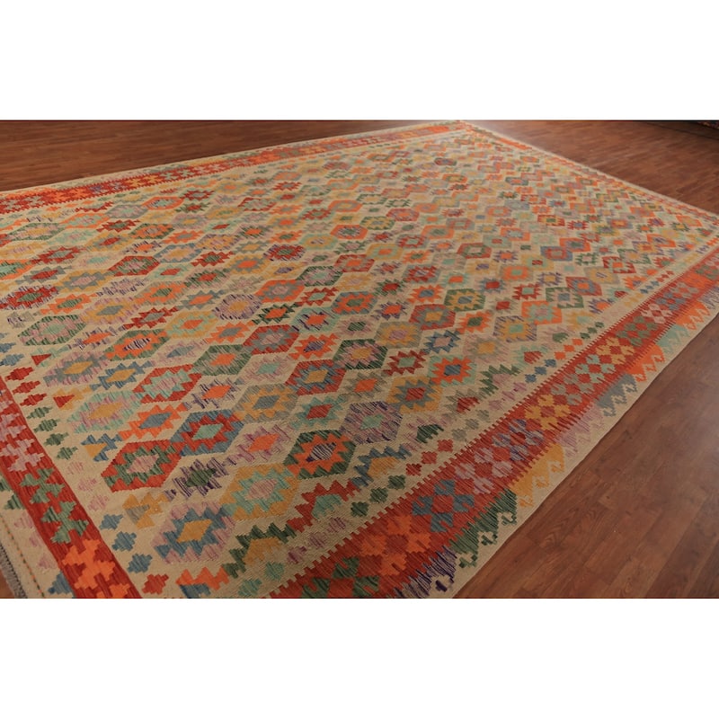 Geometric Kilim Oriental Large Rug Flatweave Wool Carpet - 10'2"x 16'10"