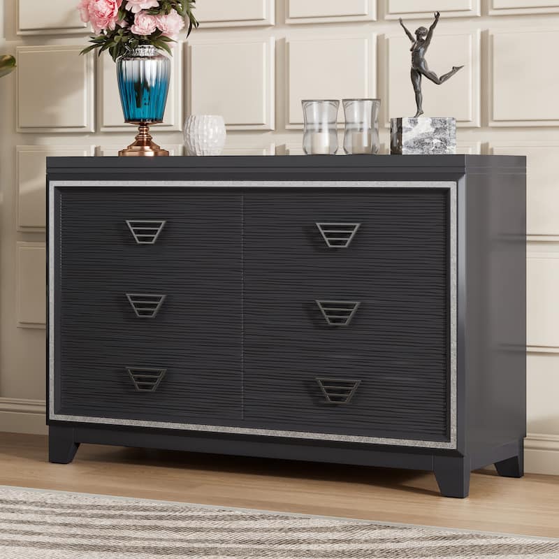 Modern Elegant Dressing with 6 Drawers Metal Handles Shiny Decoration, for Bedroom Living Room, White - Black