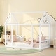 preview thumbnail 1 of 11, White Twin Size Pine Wood Floor Wooden Bed with House Roof Frame and Safety Guardrails Twin - White