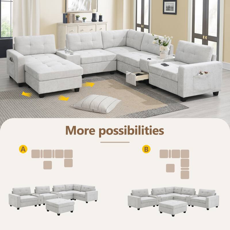 L-shape Chenille Sectional Sofa with 2 Acrylic Consoles Table Top, USB Charger, 2 Drawers, Pockets and Ottoman for Living Room