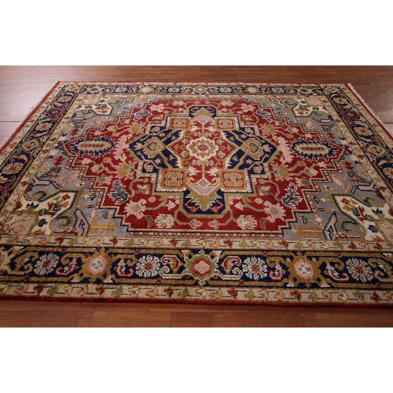 Geometric Heriz Serapi Indian Area Rug Handmade Red Wool Carpet - 7'10"x 10'0"