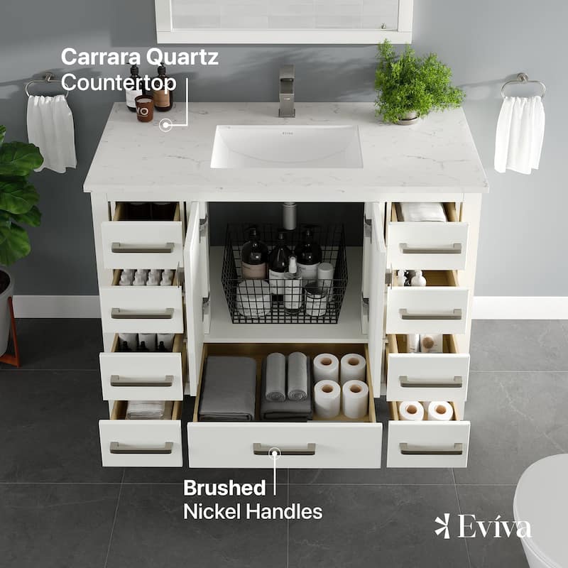 Eviva London 42"W Bath Vanity with Carrara Quartz Top & Undermount Sink