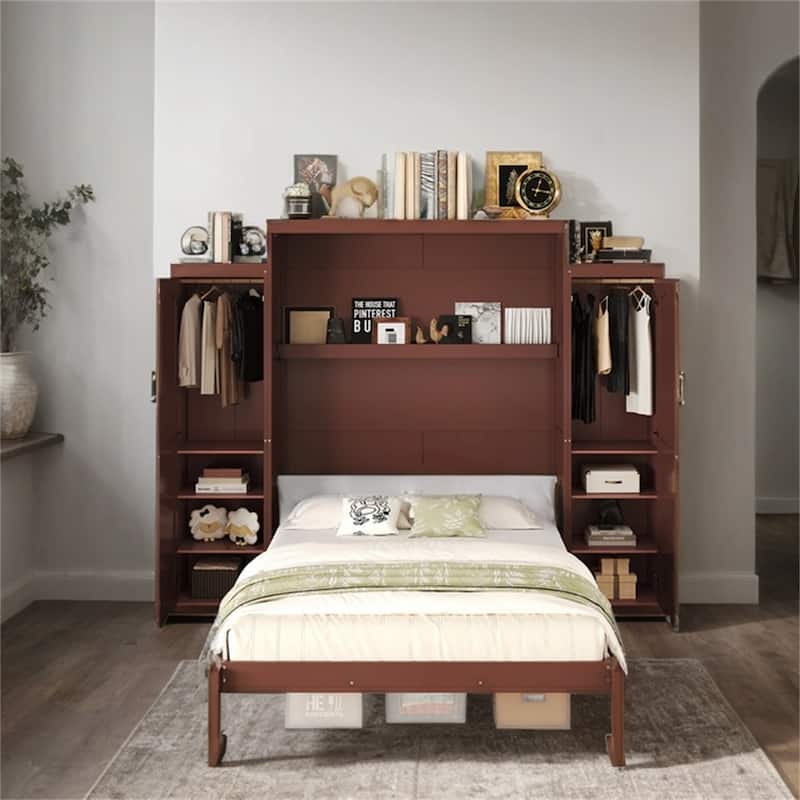Queen Size Wood Murphy Bed with 2 Wardrobe and Storage Shelf