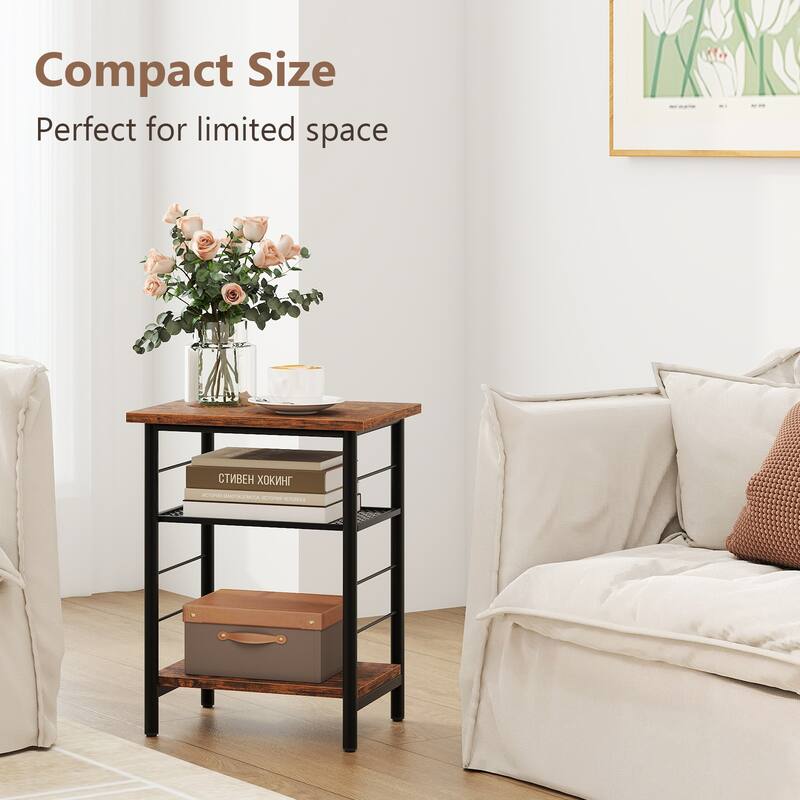 Gymax 3-Tier Side End Table w/ Adjustable Mesh Shelf Narrow Nightstand