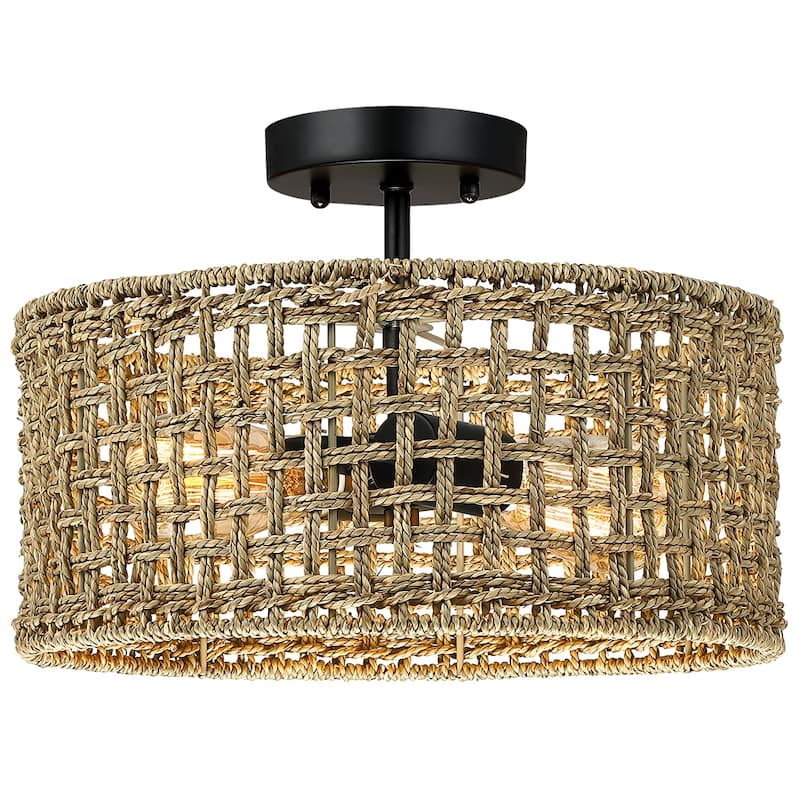 Randy 2-Light Rattan Drum Semi-Flush Mount Ceiling Light - 14"W