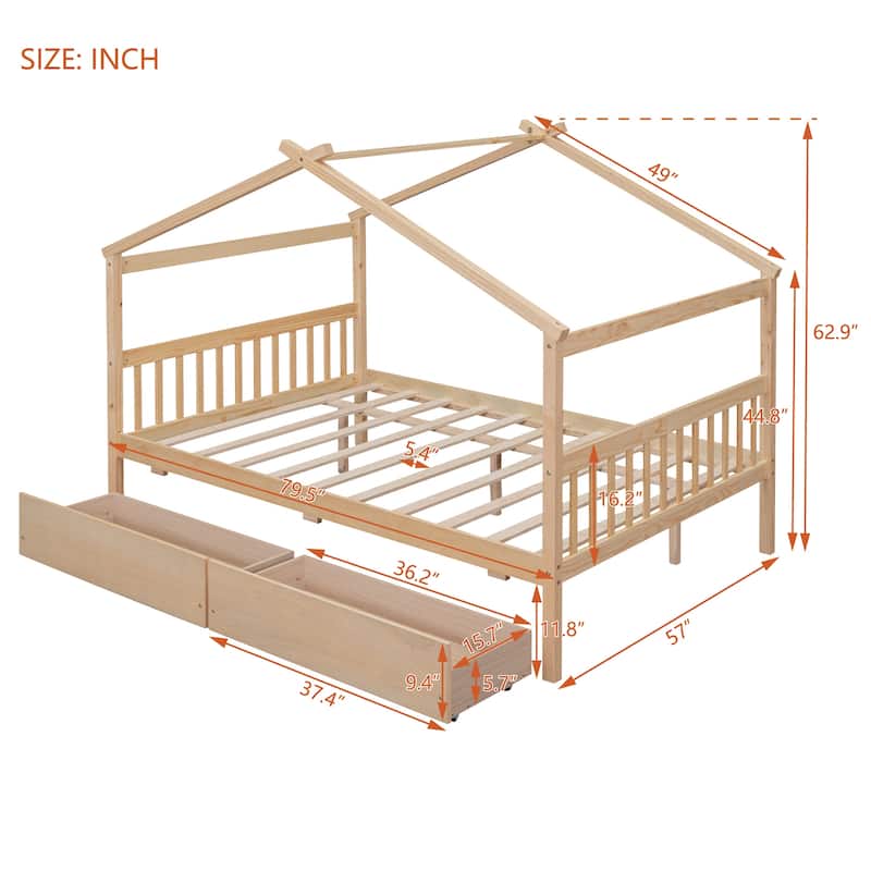 Full Size House Bed w/2 Storage Drawers, Wooden Montessori House Bed ...